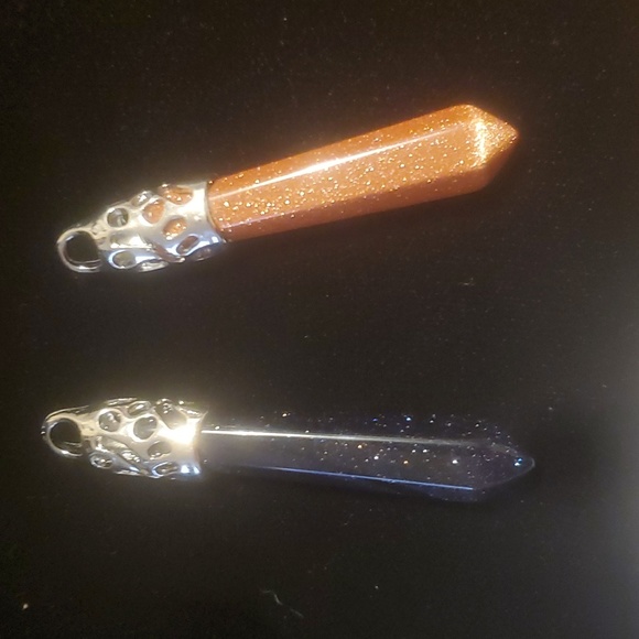 New 2pc Blue and Gold Sunstone Sandstone Long Point Pendants. - Picture 7 of 9